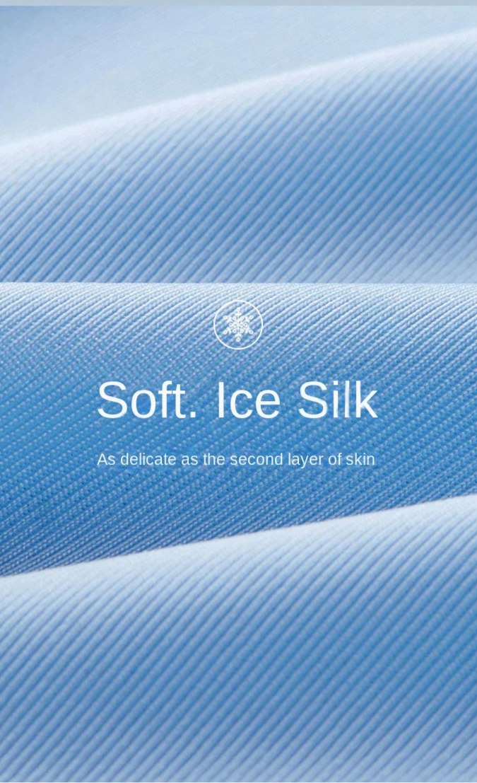 Text on a blue textured background describing 'Soft. Ice Silk' fabric.